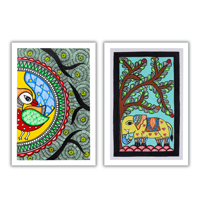 Handmade Peacock and Elephant Madhubani Painting 8x12 Set of 2