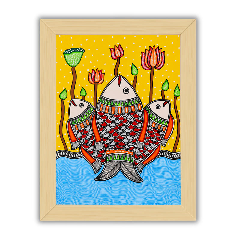 Handmade Madhubani Fish Painting 12x16 Inch Wall Decor