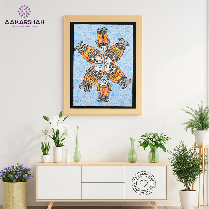 Handmade Madhubani art Fish Painting Framed Indian Wall Decor 17x24 Inch