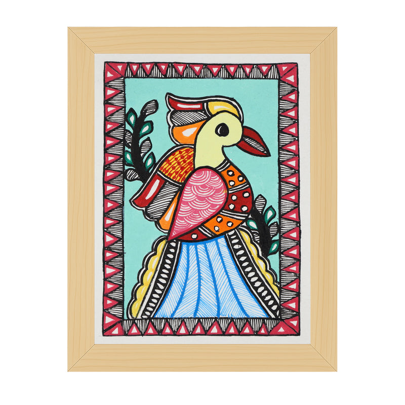 Handmade Madhubani Peacock Painting 6x8 Inch Framed Indian Wall Decor