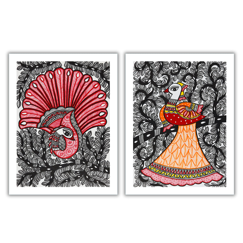 Handmade Madhubani Painting Set of 2 – Dancing peacock 12x16