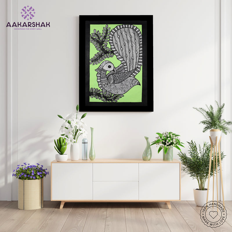 Handmade Madhubani art Peacock Painting Framed Indian Wall Decor 17x24 Inch