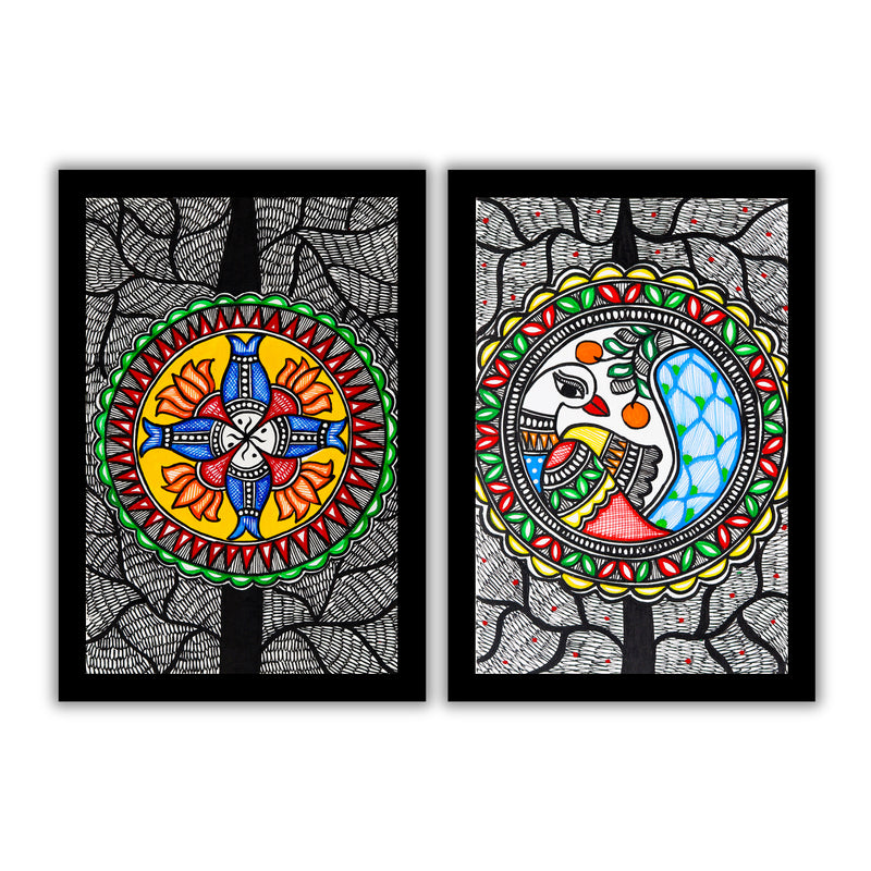 Handmade Fish and Peacock Madhubani Painting 8x12 Set of 2