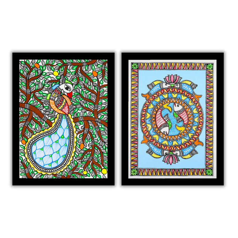 Handmade Madhubani Painting Set of 2 – Peacock and Fish 12x16