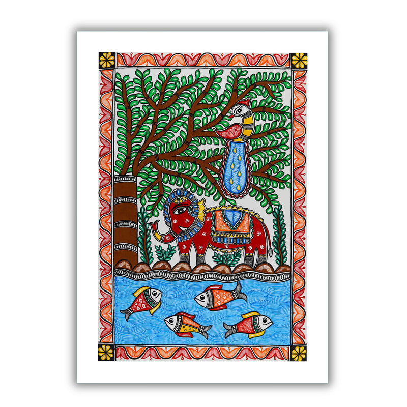 Handmade Elephant Madhubani Painting Wall Decor 17x24