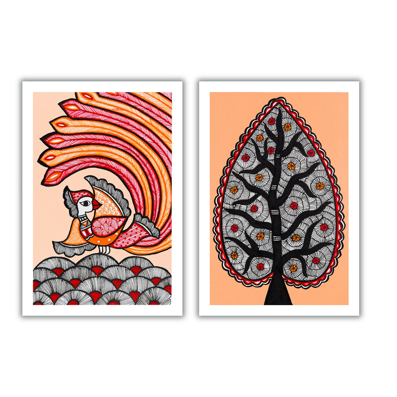 Handmade Peacock and Tree of life Madhubani Painting 8x12 Set of 2