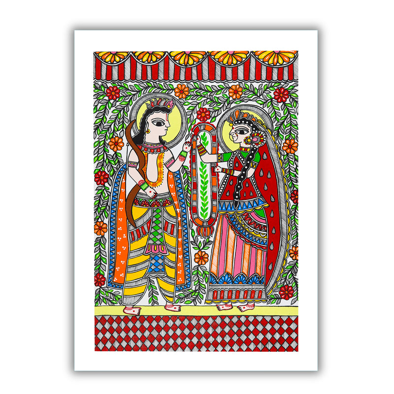 Handmade Ram Sita Madhubani Painting Wall Decor 17x24