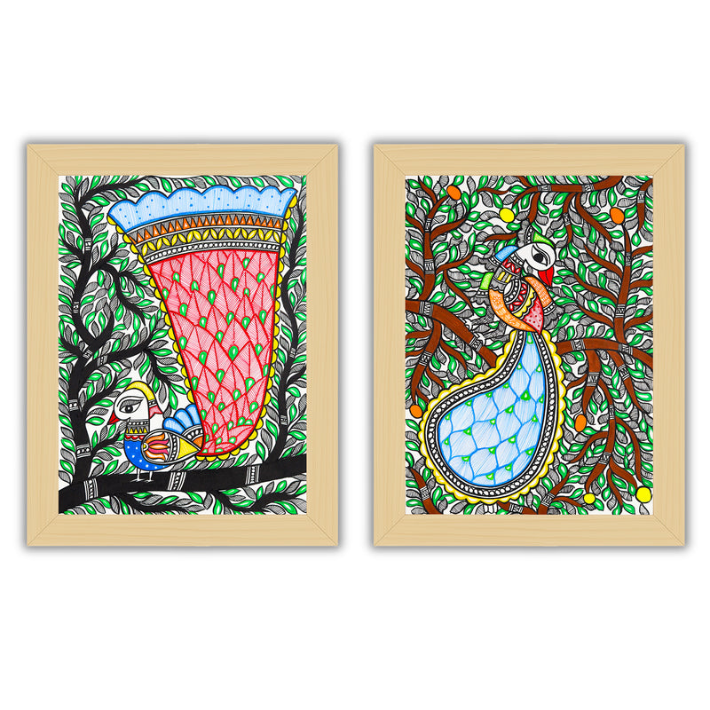 Handmade Madhubani Painting Set of 2 – Peacock 12x16