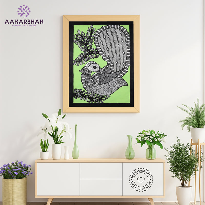 Handmade Madhubani art Peacock Painting Framed Indian Wall Decor 17x24 Inch