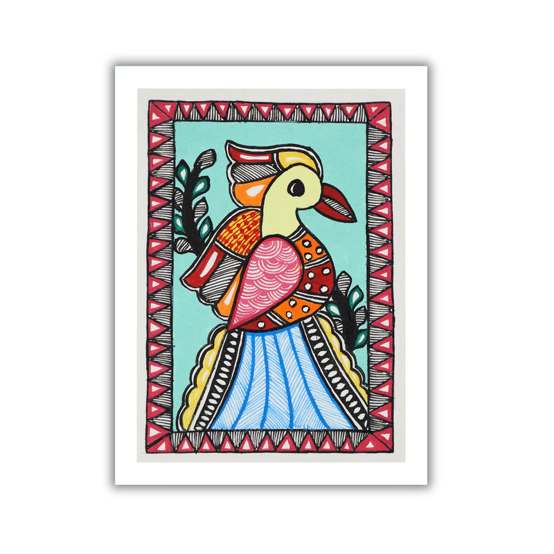 Handmade Madhubani Peacock Painting 6x8 Inch Framed Indian Wall Decor