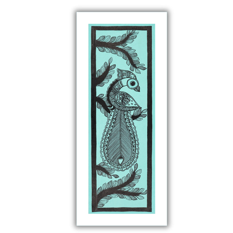 Framed artwork of a colorful peacock-with handmade madhubani painting