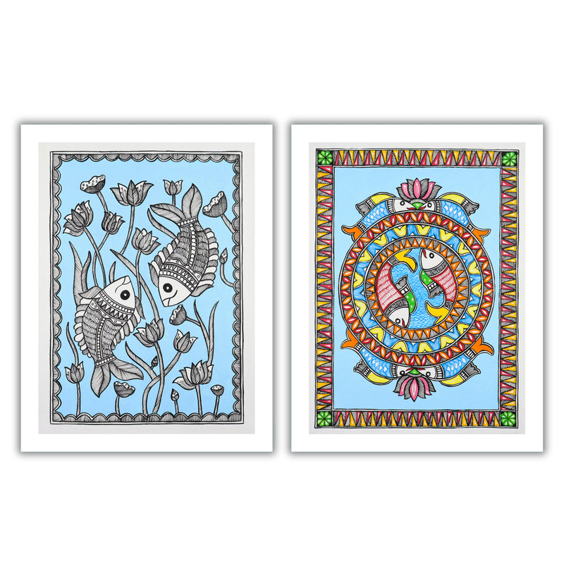 Handmade Madhubani Painting Set of 2 – Fish 12x16
