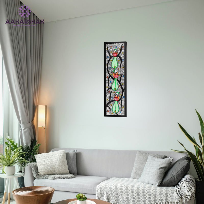Handmade Peacock Tree of life Madhubani Painting | Wall Decor 8x23