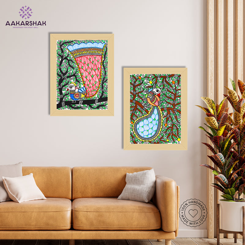 Handmade Madhubani Painting Set of 2 – Peacock 12x16
