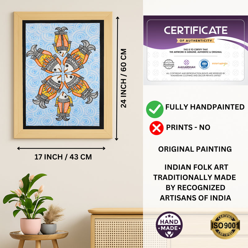 Handmade Madhubani art Fish Painting Framed Indian Wall Decor 17x24 Inch