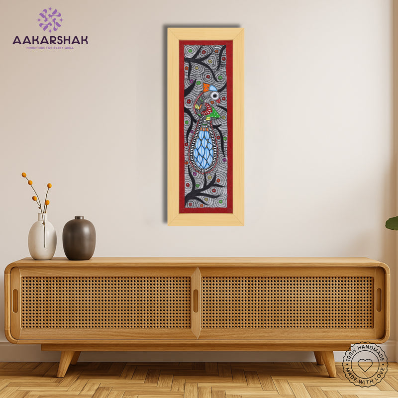 Framed artwork with peacock design -handmade madhubani painting for home decor