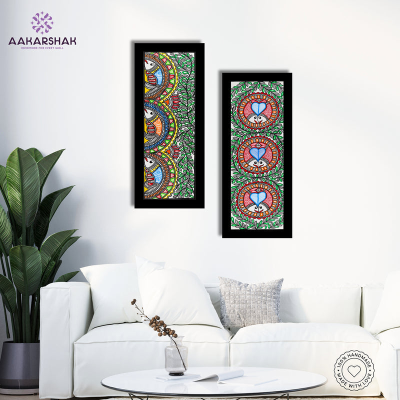 Handmade Madhubani Painting Set of 2 – Fish & Fish Wall Decor 8x23