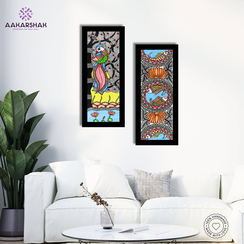 Handmade Madhubani Painting Set of 2 – Peacock and Fish Wall Decor 8x23