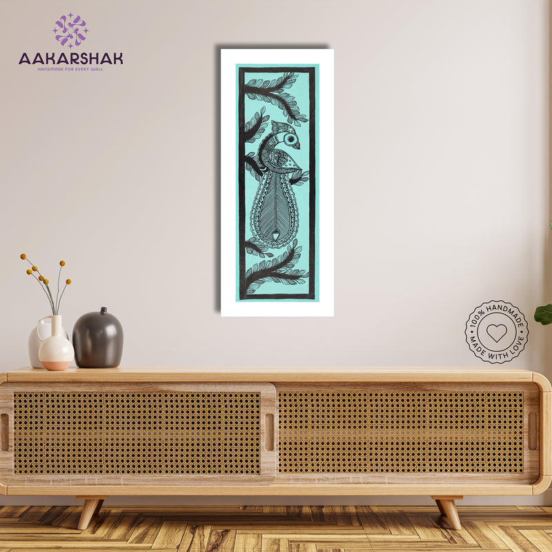 Framed artwork with peacock design -handmade madhubani painting for home decor