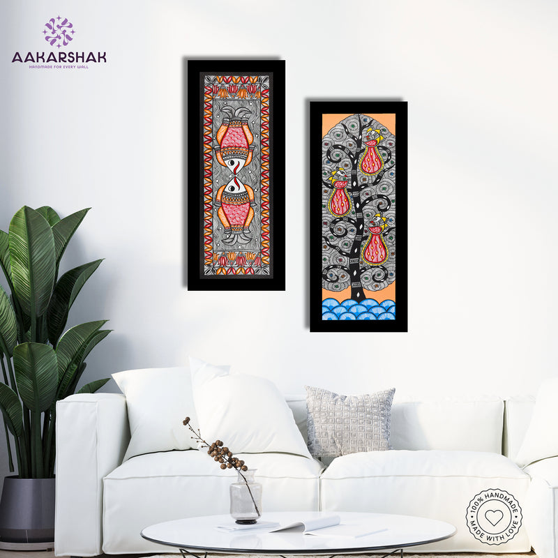 Handmade Madhubani Painting Set of 2 –Fish and Peacock Wall Decor 8x23