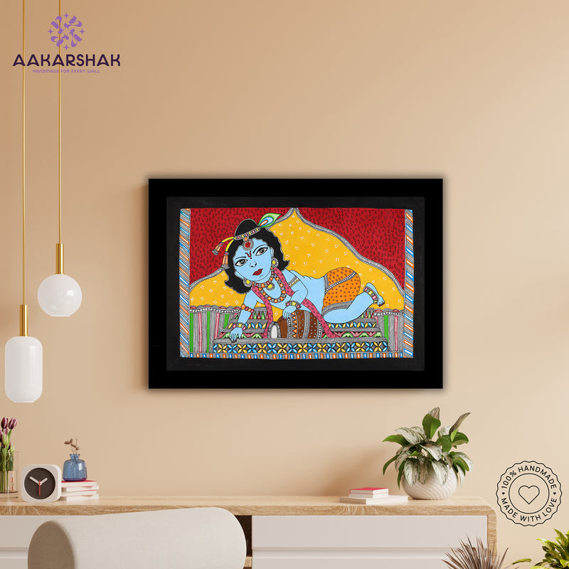 Handmade Madhubani art Baal Krishna Painting Wall Decor 17x24 Inch