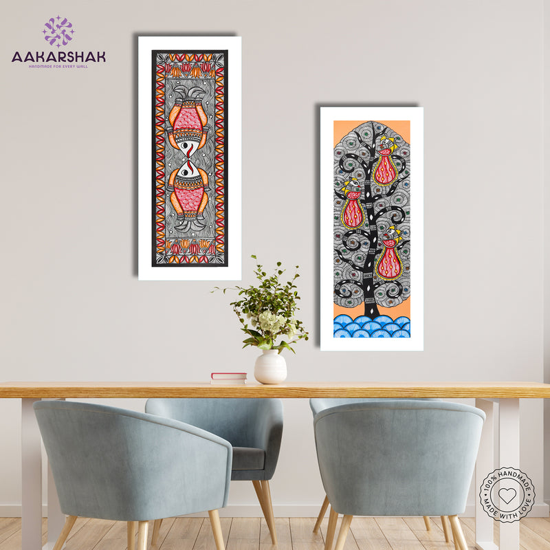 Handmade Madhubani Painting Set of 2 –Fish and Peacock Wall Decor 8x23
