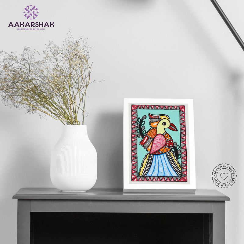 Handmade Madhubani Peacock Painting 6x8 Inch Framed Indian Wall Decor