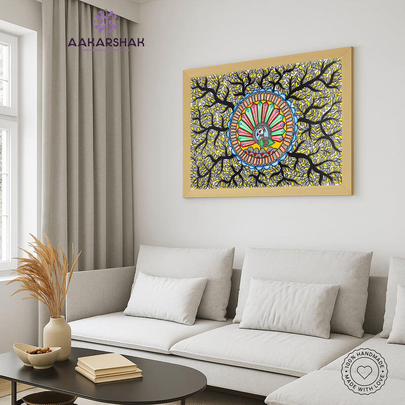 Handmade Dancing Peacock Madhubani Painting Wall Decor 17x24