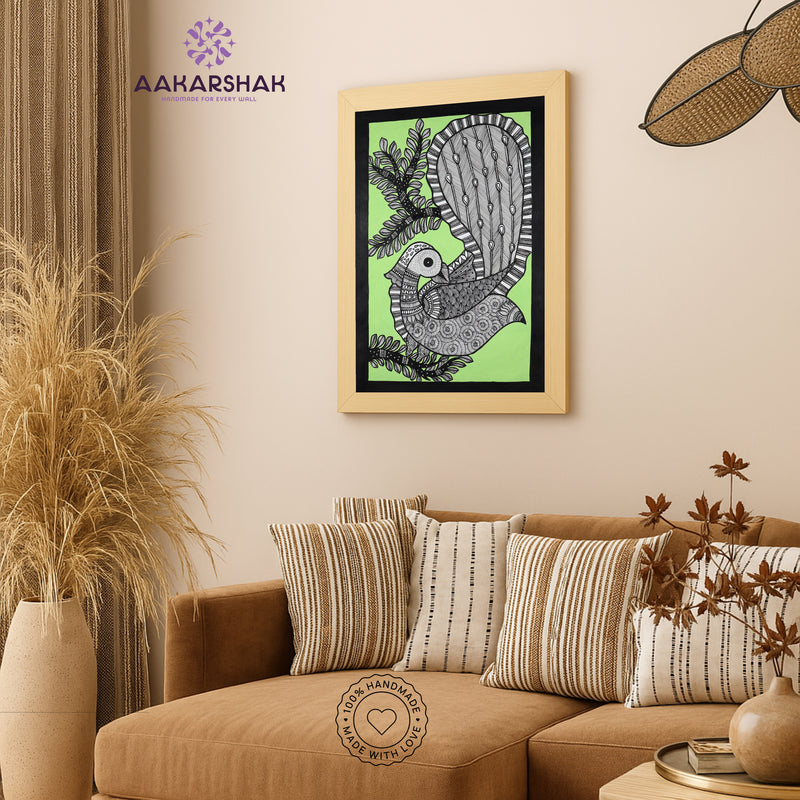 Handmade Madhubani art Peacock Painting Framed Indian Wall Decor 17x24 Inch