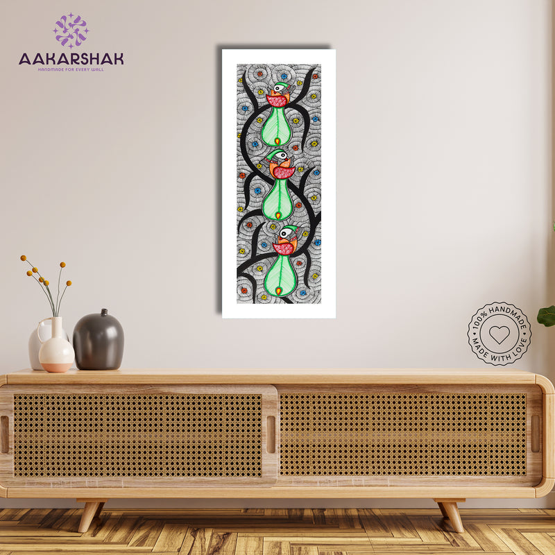Handmade Peacock Tree of life Madhubani Painting | Wall Decor 8x23