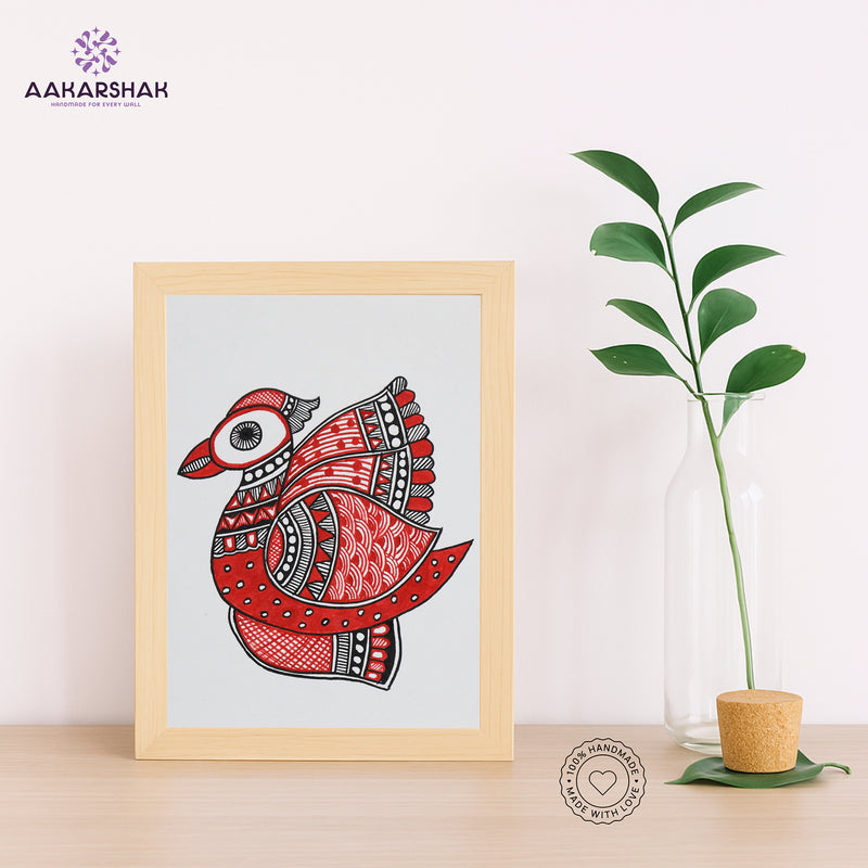 Handmade Madhubani Peacock Painting 6x8 Inch Framed Indian Wall Decor