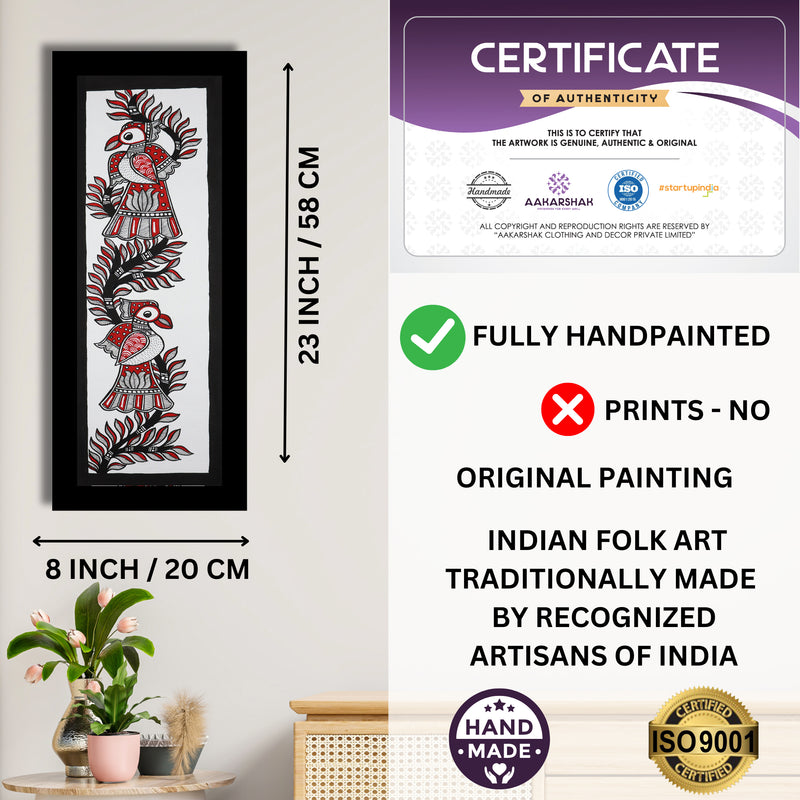 Framed artwork with dimensions, authenticity certificate and handmade iso certified-peacock madhubani painting