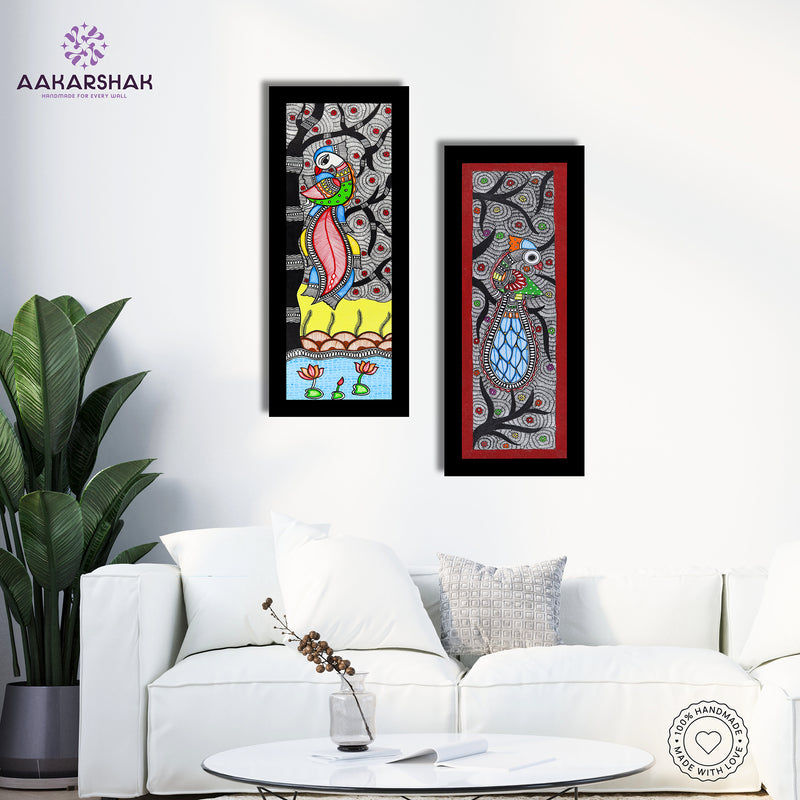 Handmade Madhubani Painting Set of 2 – Peacock and Peacock Wall Decor 8x23