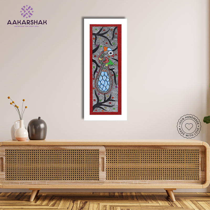 Framed artwork with peacock design -handmade madhubani painting for home decor