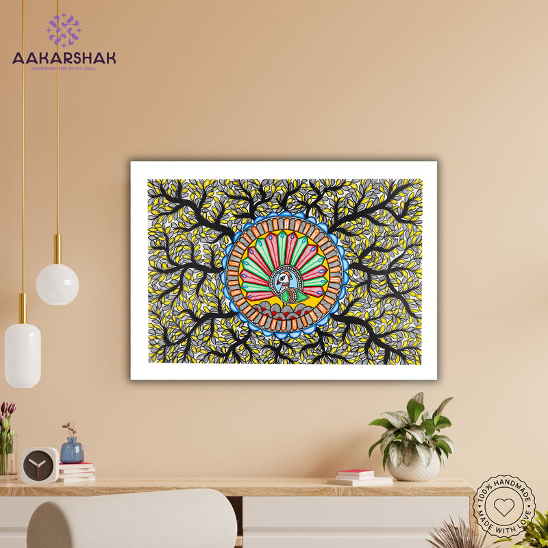 Handmade Dancing Peacock Madhubani Painting Wall Decor 17x24