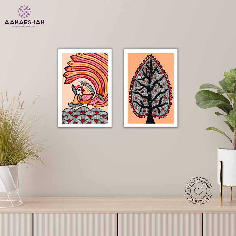Handmade Peacock and Tree of life Madhubani Painting 8x12 Set of 2
