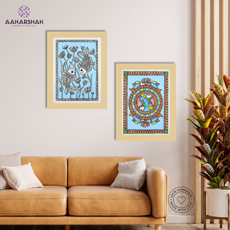 Handmade Madhubani Painting Set of 2 – Fish 12x16