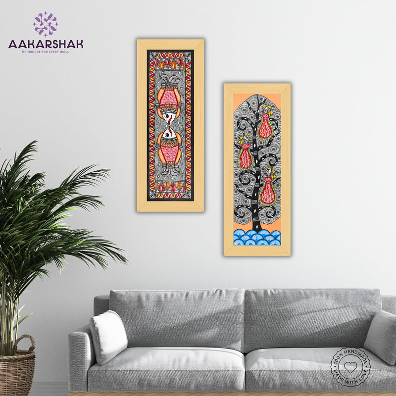 Handmade Madhubani Painting Set of 2 –Fish and Peacock Wall Decor 8x23