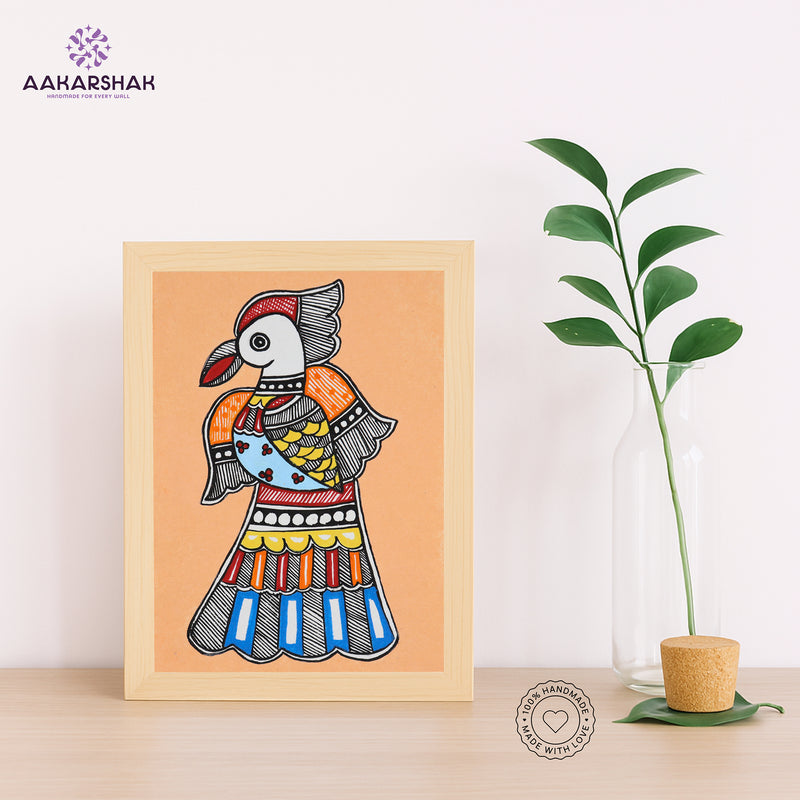 Handmade Madhubani Peacock Painting 6x8 Inch Framed Indian Wall Decor