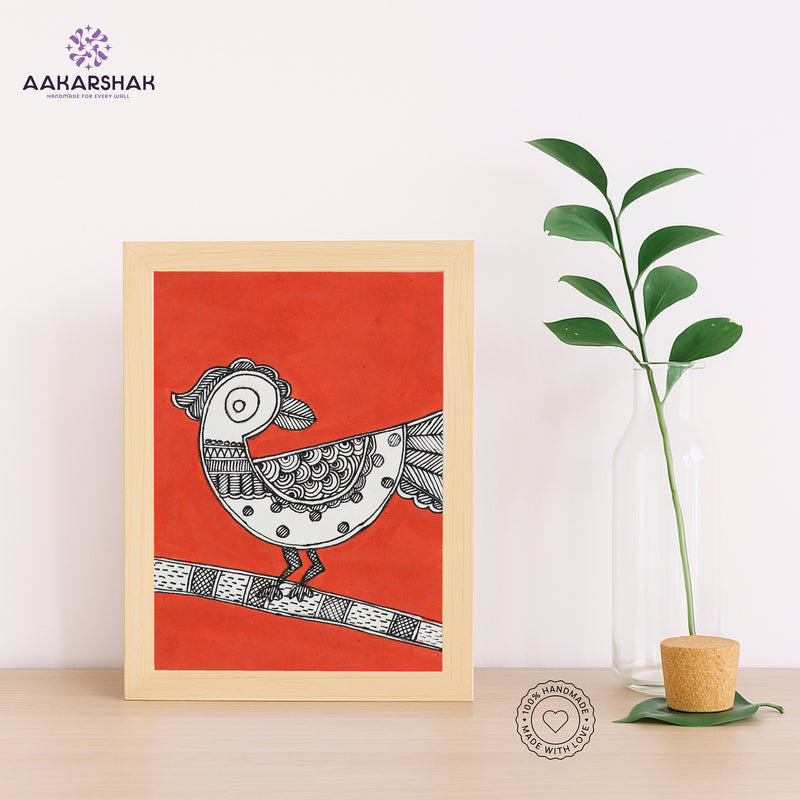 Handmade Madhubani Peacock Painting 6x8 Inch Framed Indian Wall Decor