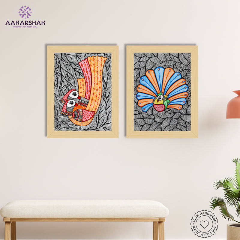 Handmade Madhubani Painting Set of 2 – Peacock 12x16