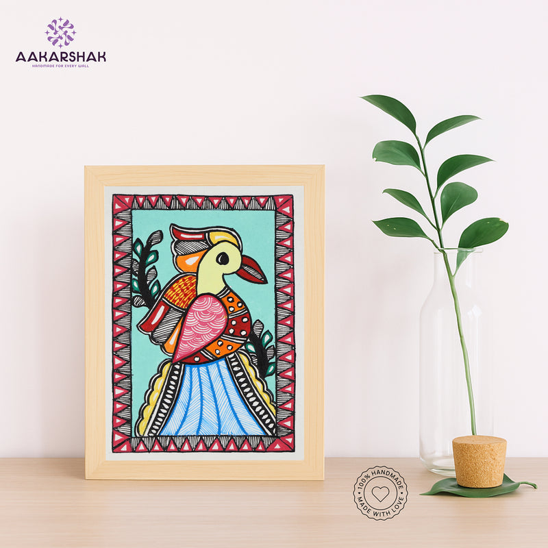 Handmade Madhubani Peacock Painting 6x8 Inch Framed Indian Wall Decor