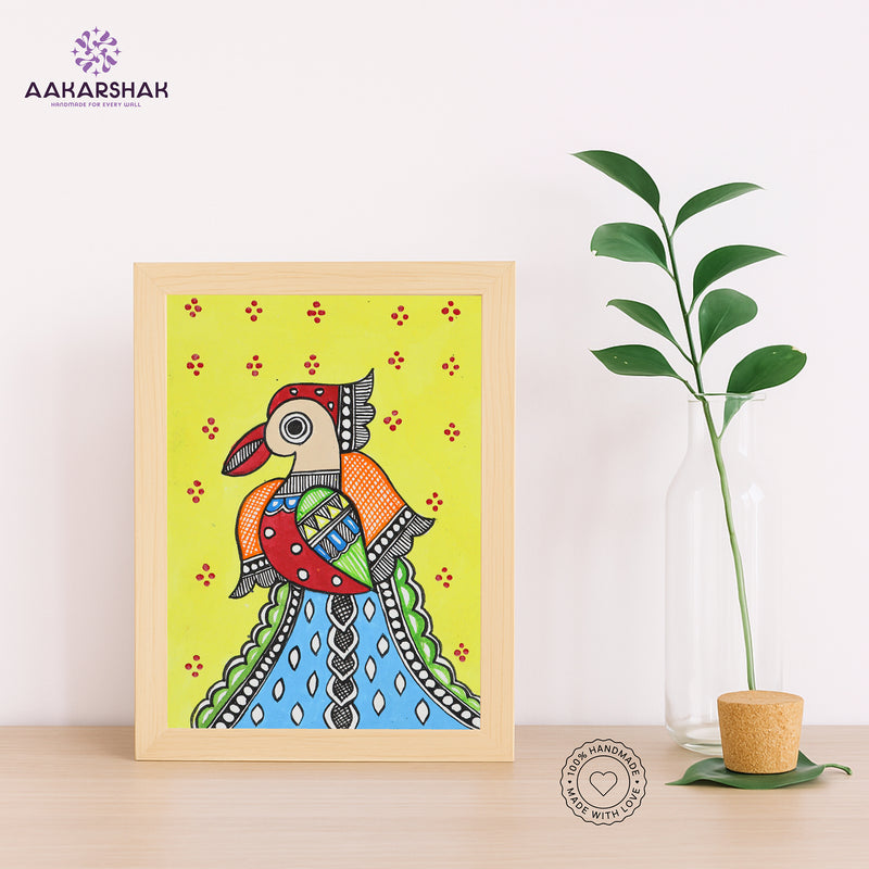 Handmade Madhubani Peacock Painting 6x8 Inch Framed Indian Wall Decor
