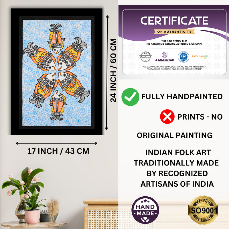 Handmade Madhubani art Fish Painting Framed Indian Wall Decor 17x24 Inch