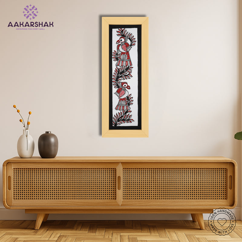 Framed artwork with peacock design -handmade madhubani painting for home decor