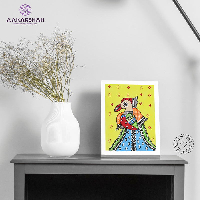Handmade Madhubani Peacock Painting 6x8 Inch Framed Indian Wall Decor