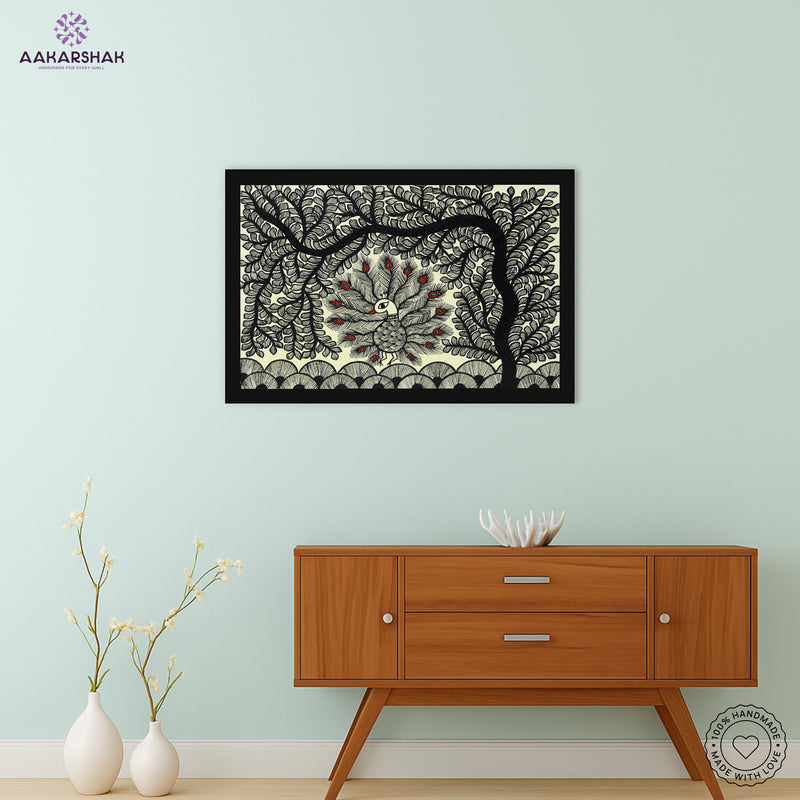 Handmade Dancing Peacock Madhubani Painting Wall Decor 12x16
