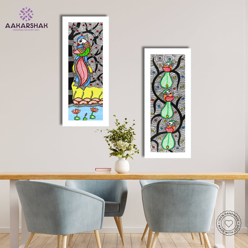 Handmade Madhubani Painting Set of 2 – Peacock and Peacock Wall Decor 8x23