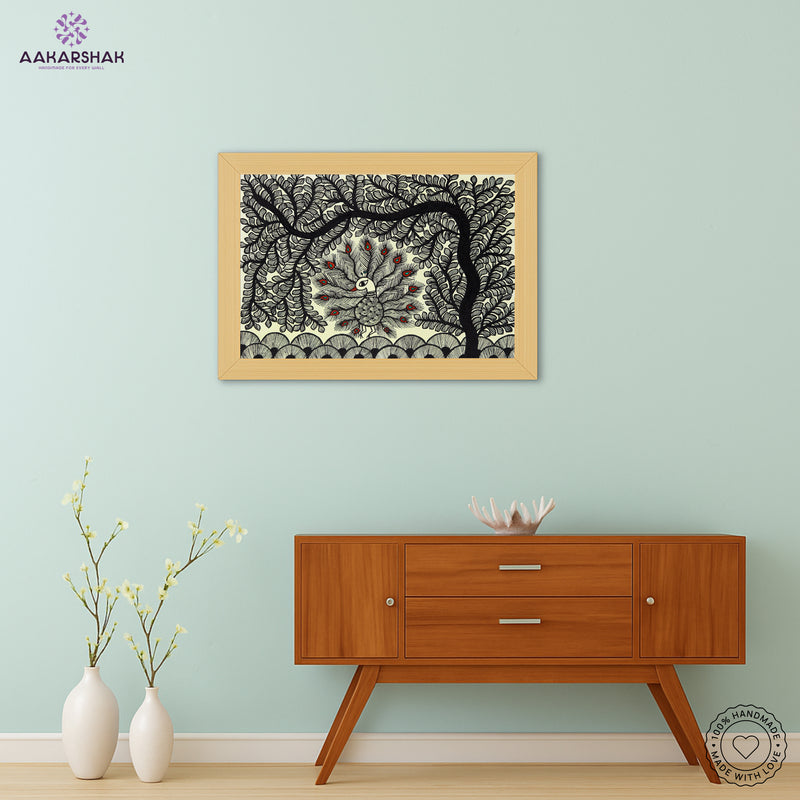 Handmade Dancing Peacock Madhubani Painting Wall Decor 12x16