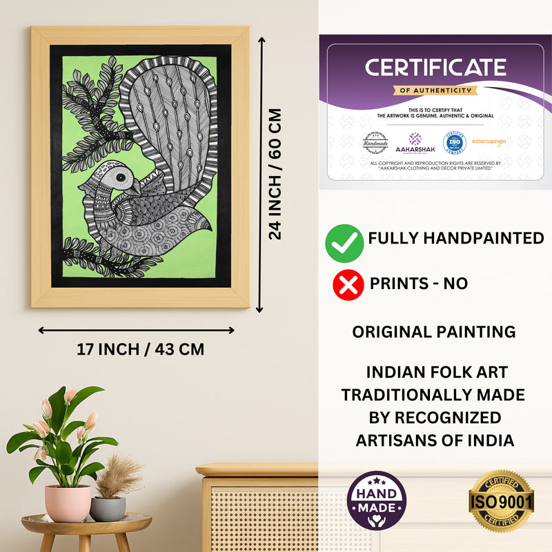 Handmade Madhubani art Peacock Painting Framed Indian Wall Decor 17x24 Inch
